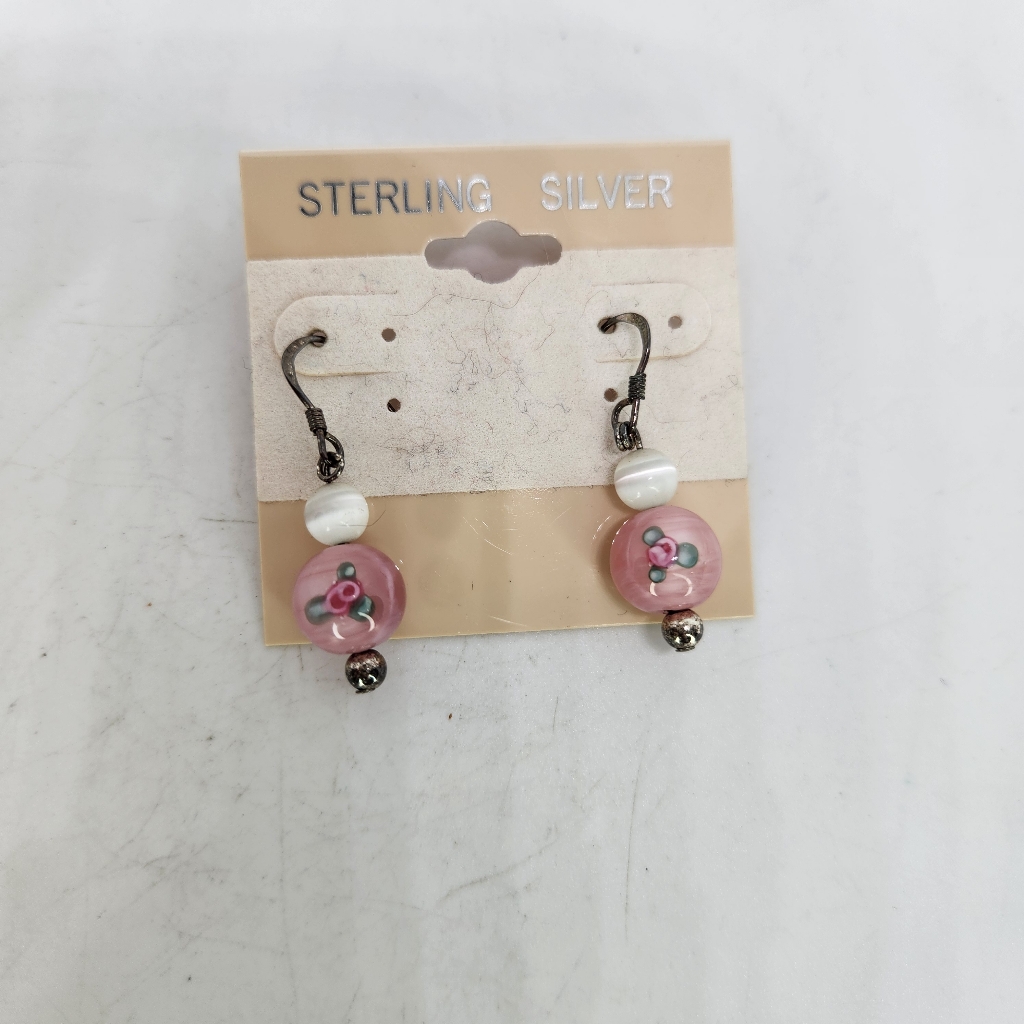 Vtg New .925 Sterling Silver Hook Lampwork Glass Flower Pink Dangle Earrings